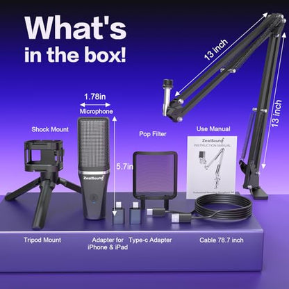 ZealSound Microphone for PC, USB Condenser Gaming Mic with Noise Reduction, Gain Control, Mute, Zero-Latency Monitoring, RGB Lighting, Boom Arm & Tripod Stand for Mac iPhone Android Podcasting TikTok - color: Black