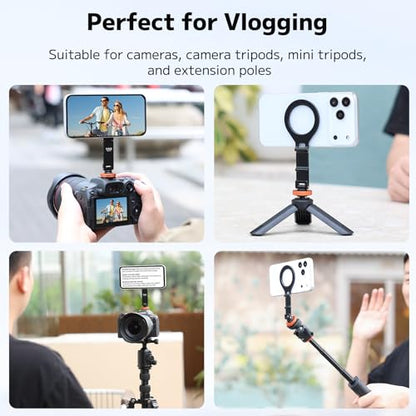 VRIG MG-40 Magnetic Phone Tripod Mount for Magsafe, Three Rotatable Axes Phone Holder with 1/4 Thread & Cold Shoe Adapter for Camera, Compatible with iPhone 17/16/ 15/14/ 13/12 Series - size: MG-40