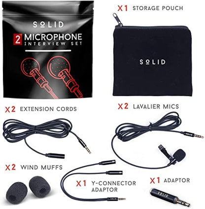 Solid Clip On Lavalier Lapel Microphone 2 Pack Set for iPhone and Android Vlogging, Interview, Selfie Videos