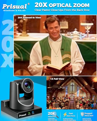 Prisual NDI PTZ Camera Gen 5 AI Auto Tracking, NDI 6 & NDI HX3 Certified | 20X Optical Zoom, 3G-SDI/HDMI/USB/LAN PoE for Church Worship Live Streaming Education Events - TEM-20N PRO - color: Titanium Gray