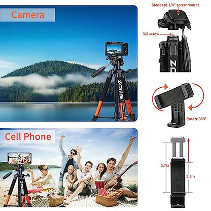 Tripod Camera Tripods, 74" Heavy Duty Tall Camera Stand Tripod with Phone Holder, Compatible with DSLR Cameras,Cell Phones,Projector,Webcam,Spotting Scopes(Orange) - color: Orange