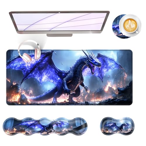 Large Keyboard Mouse Pad Set, Extended Mouse Pad+Keyboard Wrist Rest Support, Memory Foam Ergonomic Easy Typing, 4Pcs (31.5×11.8 in) Desk Pad Set for Office Home,Fantasy Dragon - color: Fantasy Dragon