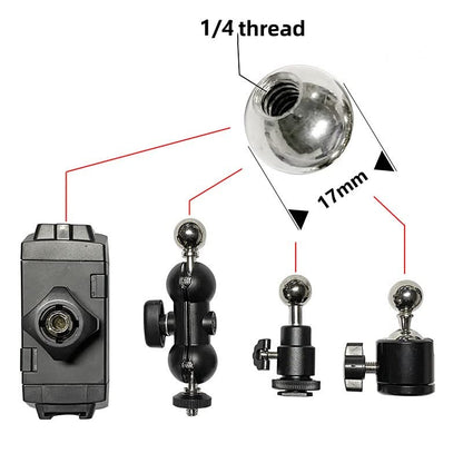 VizGiz 4 Pack 17mm Ball Head with 1/4 inch Threaded Screw Socket Stainless Steel Swivel Ball Joint Adapter Converter for Super Clamp Camera Hot Shoe Mount Smartphone Holder Phone Clip Light Tripod