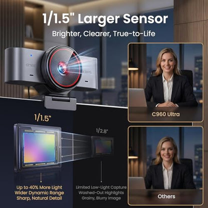 EMEET C960 Ultra 4K Webcam for Mac & PC, 1/1.5" Large Sensor, Metal Body, 0.2s Autofocus, DRC, Whiteboard Mode, Built-in Privacy Cover, 2 Mics, USB Webcam 4K for Meetings, Streaming & Content Creation - style: 4K Ultra
