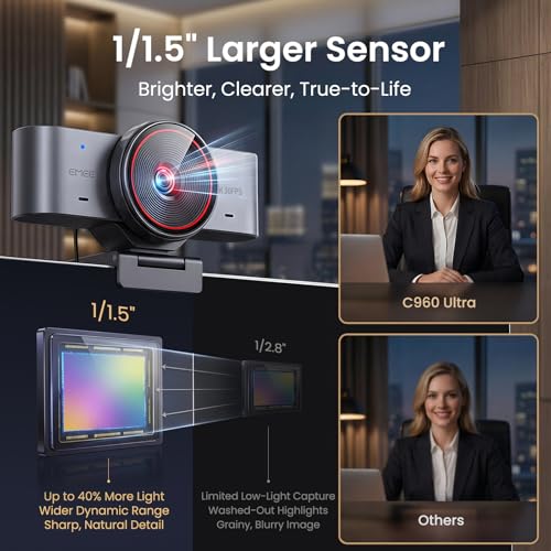 EMEET C960 Ultra 4K Webcam for Mac & PC, 1/1.5" Large Sensor, Metal Body, 0.2s Autofocus, DRC, Whiteboard Mode, Built-in Privacy Cover, 2 Mics, USB Webcam 4K for Meetings, Streaming & Content Creation - style: 4K Ultra