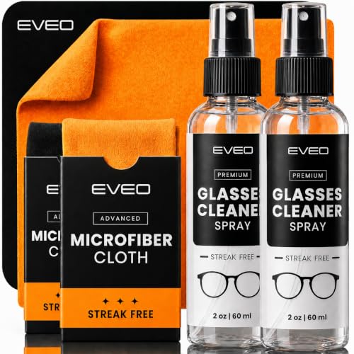 EVEO Glasses Cleaner Spray - Eyeglass Cleaner (No Streaks)| x2 Eye Glass Cleaners Spray + x2 Lens Cleaner Microfiber Cleaning Cloth, Glasses Cleaning Kit Eye Glasses Cleaner Spray & Cloth - 4oz(2ozx2) - size: 2 Fl Oz (Pack of 2)