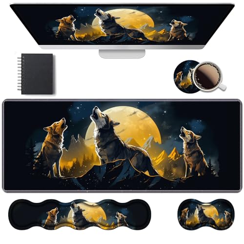 Ergonomic Keyboard Wrist Rest & Mouse Pad Wrist Rest Set, Large XXL Gaming Desk Mat 31.5"x 11.8" with Memory Foam, Easy Typing Pain Relief for Office & Home, Wolf Howling Under The Moon - color: Wolf Howling Under the Moon