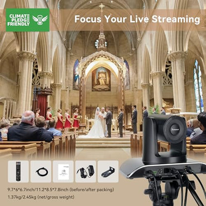 Tenveo HDMI/USB3.0/LAN(PoE) PTZ Camera AI Humanoid & Face Auto-Tracking, 20X Optical Zoom PTZ Camera IP Live Streaming, FHD 1080P 60FPS, for Church Services Worship Video Conference Live Streaming - color: Classic Black