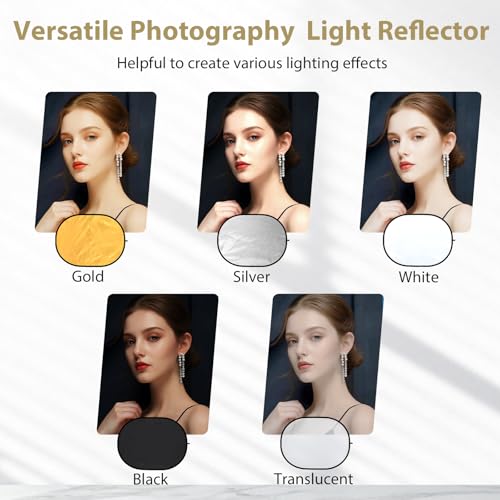 UTEBIT 35"x47" Photography Reflector with Stand, Include Clamp&Carrying Bag | 5-in-1 Oval Foldable Reflector, Translucent/Silver/Gold/White/Black Photography Reflector for Studio&Outdoor Lighting - size: 35x47 Inch