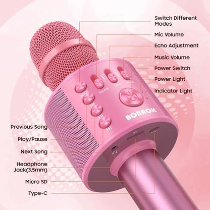 BONAOK Wireless Bluetooth Karaoke Microphone,3-in-1 Portable Handheld Karaoke Mic Speaker Machine Home Party Birthday for All Smartphones Q37 (P-Ink) - color: Pink