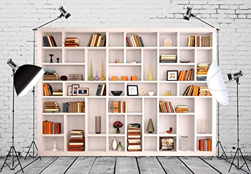 BELECO 12x8ft Fabric White Bookshelf Photography Backdrop School Library Modern Office Bookcase Backdrop Home Office Zoom Meeting Video Conferencing Backdrop Graduation Decor Portrait Shoot Props - size: 12x8FT