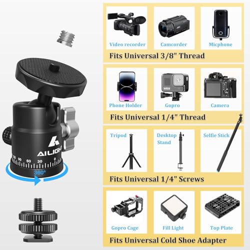 Ailight Mini Ball Head, 360° Panoramic Tripod Head, Universal 1/4" to 3/8" Screw Adapter Swivel Mini Ball Head Screw Tripod Mount, Dual Cold Shoe Mount for DSLR Cameras Camcorder（4 Pack - size: 4 pack
