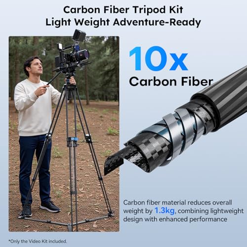 SIRUI Professional Video Tripod, Carbon Fiber Fluid Head, 5kg/11lbs, Stepless +90°/-70° Tilt & 360° Pan, One-Step Height Adjustment, QR Plate for DJI RS Series, Max 70.9in for DSLR Camcorder(SQ75+S5X) - style: Carbon Fiber Tripod