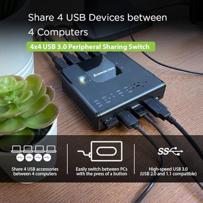 IOGEAR 4x4 USB 3.0 Peripheral Sharing Switch - Share 4 USB Devices Between 4 Computers - LED Indicators - Cables & Remote Included - PC - MAC - Printer - Scanner - Mouse/Keyboard and More - GUS434 - size: 4x4, style: USB 3.0
