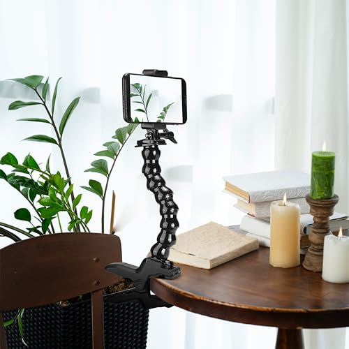 Gooseneck Phone Holder Flex Clamp Clip Mount with Flexible Jaws for Desk, Pole, or Mobile Stand Adjustable Compatible with iPhone 14, 13 Pro, XS Max, XR, X, 8, 7, 6, 6s Plus and Other 4-7'' Device