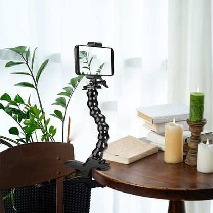 Gooseneck Phone Holder Flex Clamp Clip Mount with Flexible Jaws for Desk, Pole, or Mobile Stand Adjustable Compatible with iPhone 14, 13 Pro, XS Max, XR, X, 8, 7, 6, 6s Plus and Other 4-7'' Device