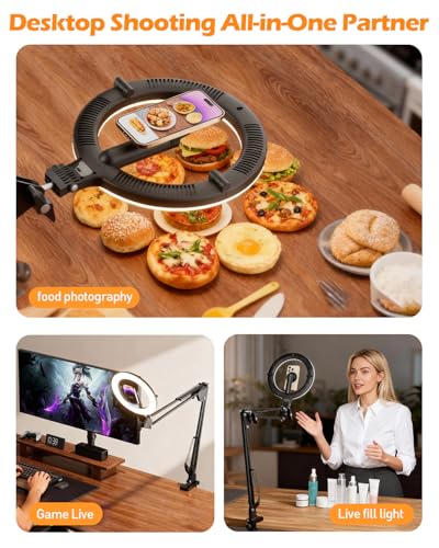 CloudValley Magnetic Overhead Phone Mount with 10" Ring Light, 5000mAh Desktop Tripod with Battery Display, Foldable LED Selfie Light with iPhone Stand for Video Recording Cooking, Live Streaming
