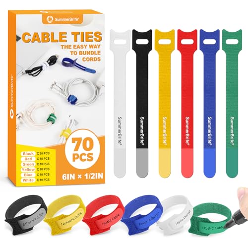 SummerBrite 70 Pack Multi-Color Cable Ties 6 Inch with Writable Labels, Reusable Cord Organizer Straps, Hook & Loop Wire Management for Identifying Electronics, Charging Cables, Home Office & PC - color: Multicolored, size: 6IN