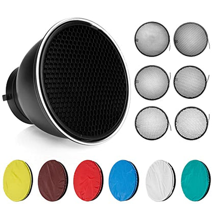 Soonpho Standard Reflector Beauty Dish Diffuser Lamp Shade 7"/ 18cm Photography with 10°/20°/30°/40°/50°/60° Degree Honeycomb Grid,6 Colors Soft Cloth for Studio Strobe Flash Light Speedlite