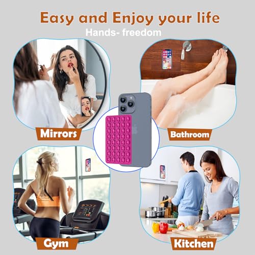 Double Sided Silicone Suction Phone Holder Mount, Silicon Accessory for iPhone and Android, Hands-Free Mirror Shower Phone Holder, TikTok Videos and Selfies (Blue+Rose Red) - color: Blue+Rose Red