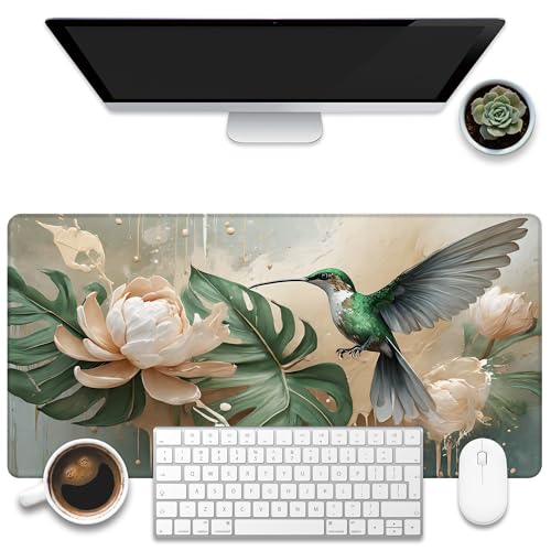 Desk Pad, Elegant Hummingbird Desk Mat, Oil Painting Flowers and Leaves Large Gaming Mouse Pad, 31.5"x15.7" Extended Big Computer Mouse Pad with Non-Slip Base and Stitched Edge - color: Elegant Hummingbird