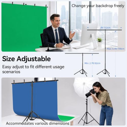 Blue Green Screen Backdrop Stand Kit, 5x6.5ft Portable T-Shaped Stand with Reverse Folding Base, 2-in-1 Reversible Background with 5 Clamps for Streaming, Zoom, Photography, Video Recording