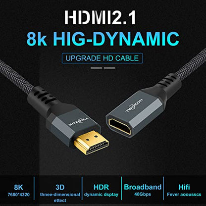 Twozoh 8K 4K HDMI Extension Cable, HDMI 2.1 Male to Female Cable, Nylon Braided HDMI Extender Cable Support 8K@60Hz 4K@120Hz 48gbps（1FT） - color: 8K 1-PACK, size: 1 FT