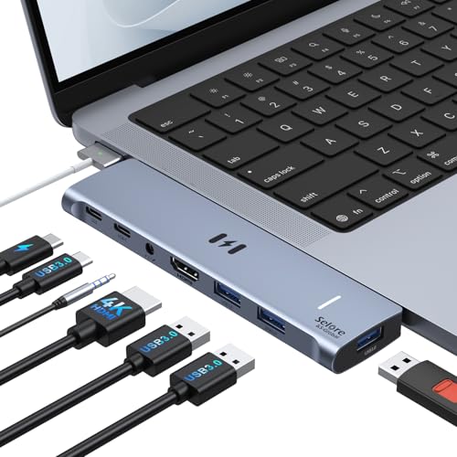 USB C Adapter HDMI Hub for MacBook Pro/Air M5 M4 M3 M2 M1 2025-2018 13" 15" 16", Mac USB C Hub Adapter 7-in-2, MacBook Accessories Dongle with HDMI, Thunderbolt 3, USB C&A Data Ports, 3.5mm Audio - color: Grey, size: 7-in-2