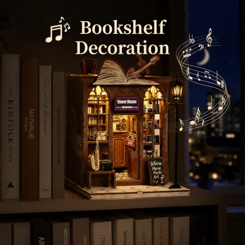 Book Nook Kit DIY Miniature House with LED Lights & Music Box, 3D Wooden Puzzle Bookshelf Insert for Adults, Double Door Mini Dollhouse Building Kit, Creative Home Decor Gift for Women & Men - style: Sheet Music Shop