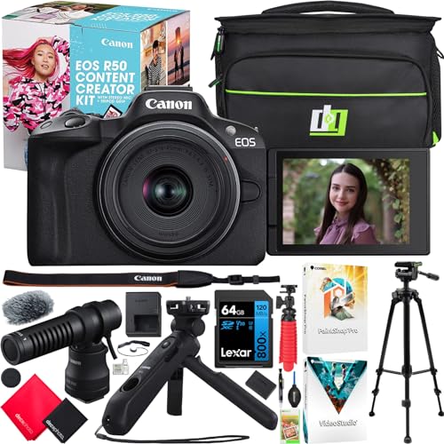 Canon EOS R50 Mirrorless Camera Content Creator Kit Including Body + 18-45mm is STM Lens + Microphone + Tripod Grip 5811C059 Bundle with Deco Gear Photography Bag + Tripod + Software & Accessories - color: Onyx