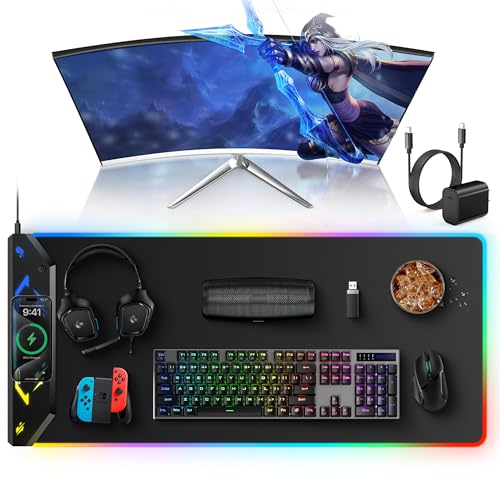TopMade Wireless Charging Mouse Pad, RGB Gaming Mousepad, 35.4" x 15.8" Extra Large Waterproof Keyboard Desk Pad, Cool Computer Desk Mat, Black (Includes 20W PD Power Adapter & 6.56ft Woven Cable) - color: RGB-Black-35.4"x15.8"-with Adapter