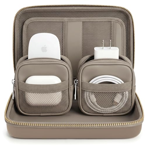 Mid-Size Tech Organizer with Removable Pouches – Hard Shell Travel Case for Cables, Chargers & Accessories | Electronics Organizer for Travel - color: Taupe