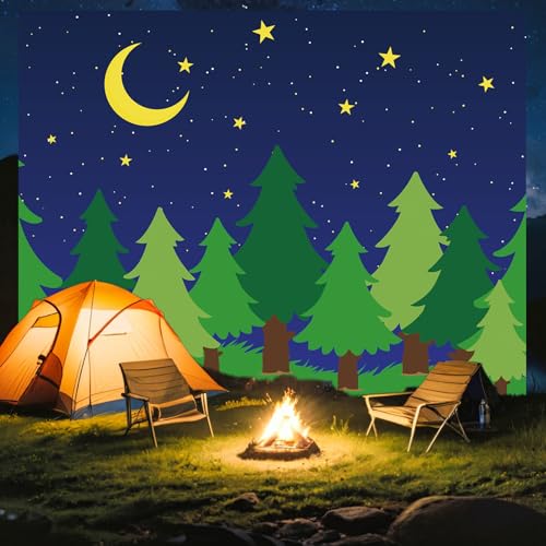 Teenyyou 8 x 10 ft Enchanted Forest Camping Backdrop Scene Camping Background Supplies Forest Night Scene Photography Background for Theme Party Photo Banner Decoration - size: 8 x 10 ft
