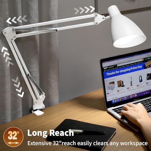 Swing Arm Desk Lamp with Clamp, Adjustable Arm LED Clamp on Desk Lamps with 5 Color Modes and 10 Brightness for Home Office Reading Drafting Study (White) - color: White