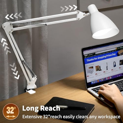 Swing Arm Desk Lamp with Clamp, Adjustable Arm LED Clamp on Desk Lamps with 5 Color Modes and 10 Brightness for Home Office Reading Drafting Study (White) - color: White