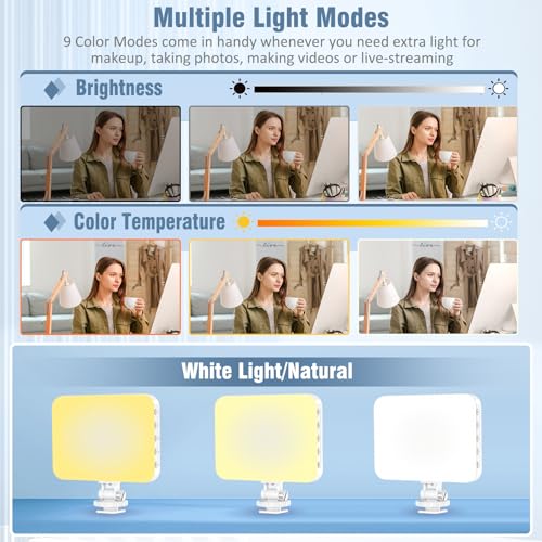 ALTSON 60 LED Portable Selfie Light Video Conference Lighting with Clip & Camera Tripod Adapter Rechargeable 2200mAh CRI 97+, 9 Light Modes for Phone iPhone Webcam Laptop Photo Makeup - color: Pearl White