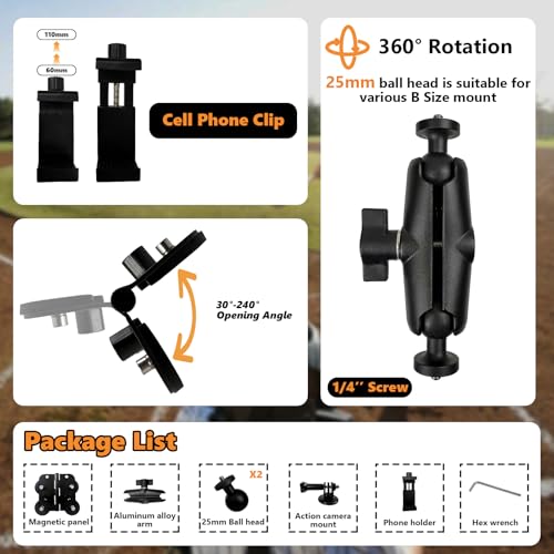 Magnetic Fence Mount for Mevo Camera, Two 1/4" Threaded Points, B Size Ball Head, Aluminum Arm, with Phone Holder, for Recording Baseball and Tennis Game