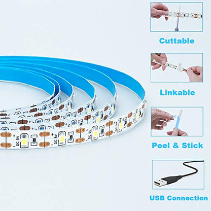 USB LED Strip Light Warm White 3000K 5V USB Powered 13.12ft/4M 240LEDs Flexible SMD2835 High Brightness No-Waterproof IP20 LED Tape Lights(2pcs x 6.6ft) - color: Warm White