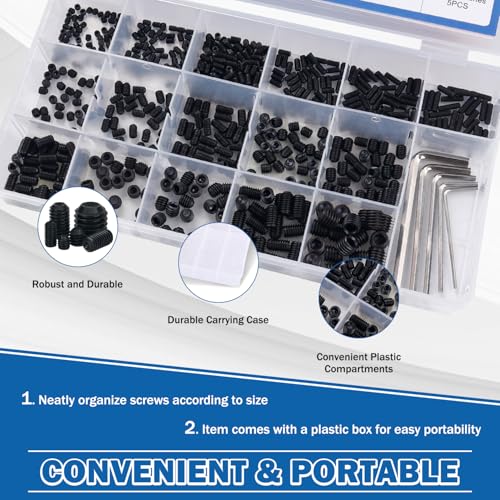 500PCS Set Screws, 13 Sizes Metric Set Screw Assortment Kit, M3, M4, M5, M6, M8 Allen Head Hex Socket Head Grub Screws for Bathroom Fixtures, Alloy Steel Black(5 Wrenches, 1 Tweezer) - size: 500PCS-Black