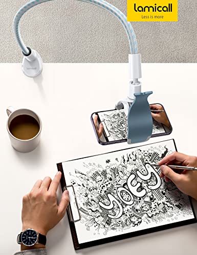 Lamicall Gooseneck Phone Holder Bed - [Nylon Braided] Flexible Arm, Overall Length 38inch, 360 Adjustable Clamp Clip, Overhead Cell Phone Mount Stand for Bed, Desk, White & Blue - color: White