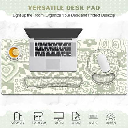 Large Desk Mat, Beige Gaming Mouse Pad, Desk Pad Protector, XXL Mousepad + Keyboard Wrist Rest+Mouse Wrist Rest+Coaster Set with Ergonomic Desk Pad for Home Office PC Computer, Retro Boho Aesthetic - color: Beige Retro Boho