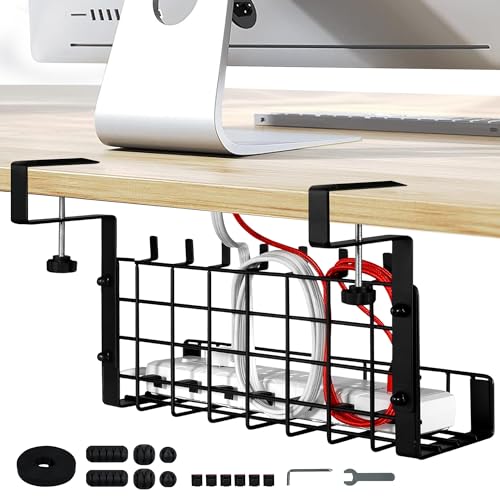 Homeify Under Desk Cable Management Tray - Adjustable, Well-Ventilated, No Drill Desk Organizer Set with 6 Cord Holders, 6 Wire Clips, and Self-Adhesive Cable Ties for All Types of Tables