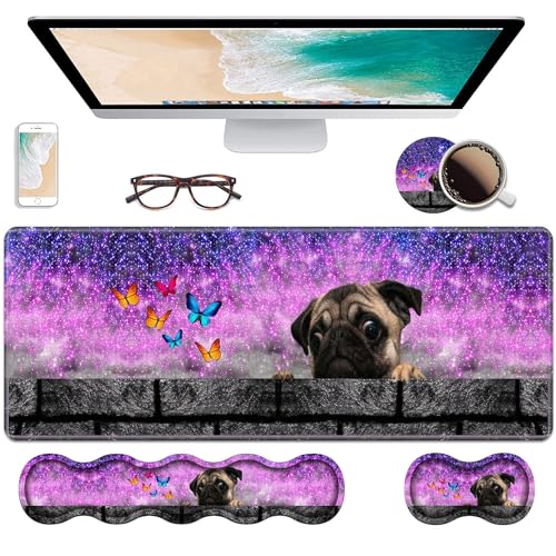 Ergonomic Keyboard Wrist Rest & Mouse Pad Wrist Rest Set, Large XXL Gaming Desk Mat 31.5"x 11.8" with Non-Slip Base, Memory Foam, Easy Typing Pain Relief for Home & Office, Cute Pug and Butterfly - color: Cute Pug and Butterfly