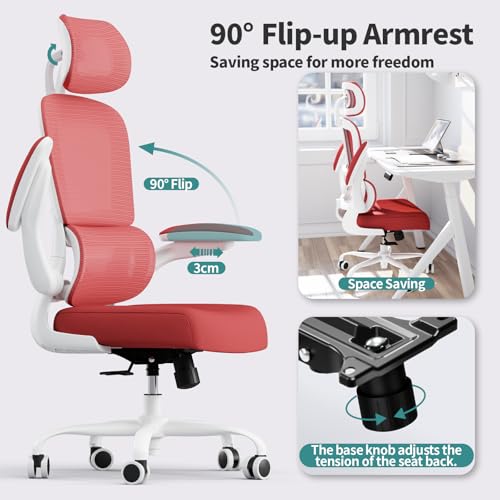 TRALT Office Chair Ergonomic Desk Chair, 330 LBS Home Mesh Office Desk Chairs with Wheels, Comfortable Gaming Chairs (1, Red) - color: Red