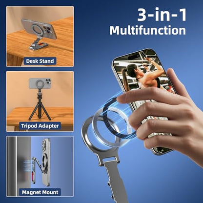 Magnetic Phone Mount for MagSafe, Maglock Tripod Adapter Magnet Golf Gym Workout Stand Metal Carabiner Dual Holder with 1/4 Screw Hole, for iPhone 17 16 15 14 13 Series Foldable Portable Accessories