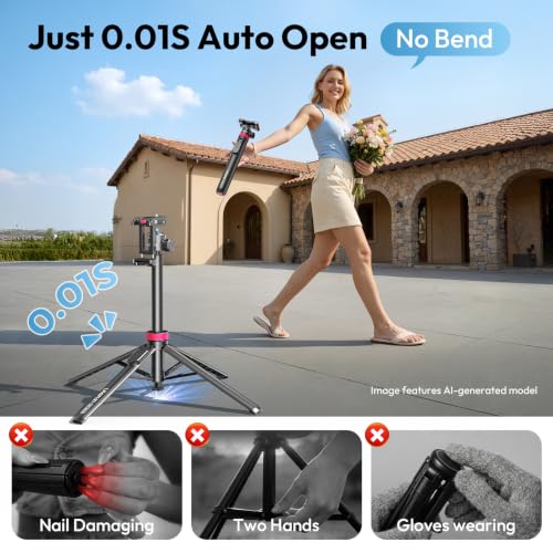 ULANZI 0.01s Auto Pop Open Phone Tripod with Remote, MT44B 59'' Selfie Stick Tripod w Dual Mount for Phone & Camera for Vlog/Live, Cell Phone Stand 360° Ball Head for iPhone Android Luna Pocket 4 - color: Black