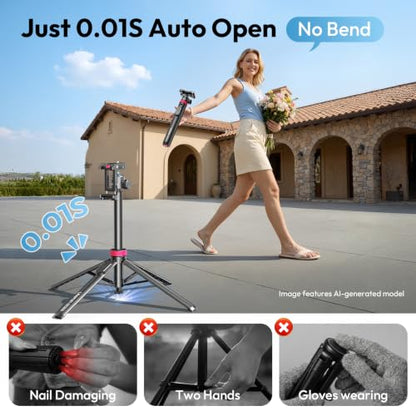 ULANZI 0.01s Auto Pop Open Phone Tripod with Remote, MT44B 59'' Selfie Stick Tripod w Dual Mount for Phone & Camera for Vlog/Live, Cell Phone Stand 360° Ball Head for iPhone Android Luna Pocket 4 - color: Black