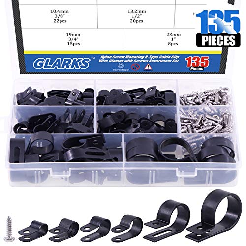 Glarks 135Pcs 6 Sizes 1/4''-1'' Black Nylon Screw Mounting R-Type Cable Clip Wire Clamp with 132Pcs Screws for Wire, Cable, Conduit and Cable Conduit Kit (Black) - color: Black