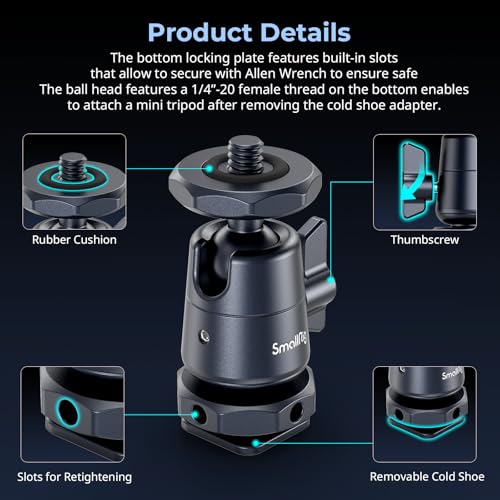 SmallRig Mini Ball Head (2 Pack) with 1/4" Screw and Removable Shoe Mount, 360 Degree Rotatable Aluminum Tripod Head for Camera Tripods Monopods Camcorder Light Microphone, Max. Load 1.5 kg - 2948B