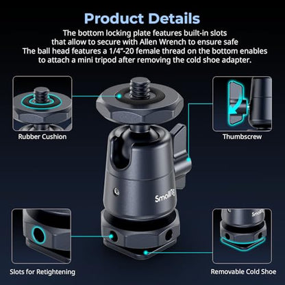 SmallRig Mini Ball Head (2 Pack) with 1/4" Screw and Removable Shoe Mount, 360 Degree Rotatable Aluminum Tripod Head for Camera Tripods Monopods Camcorder Light Microphone, Max. Load 1.5 kg - 2948B